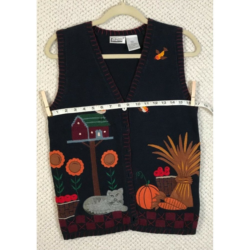 Capacity Red & Orange Cat & Bird Embroidered Fall Sweater Vest Size Small Ramie - Picture 5 of 5